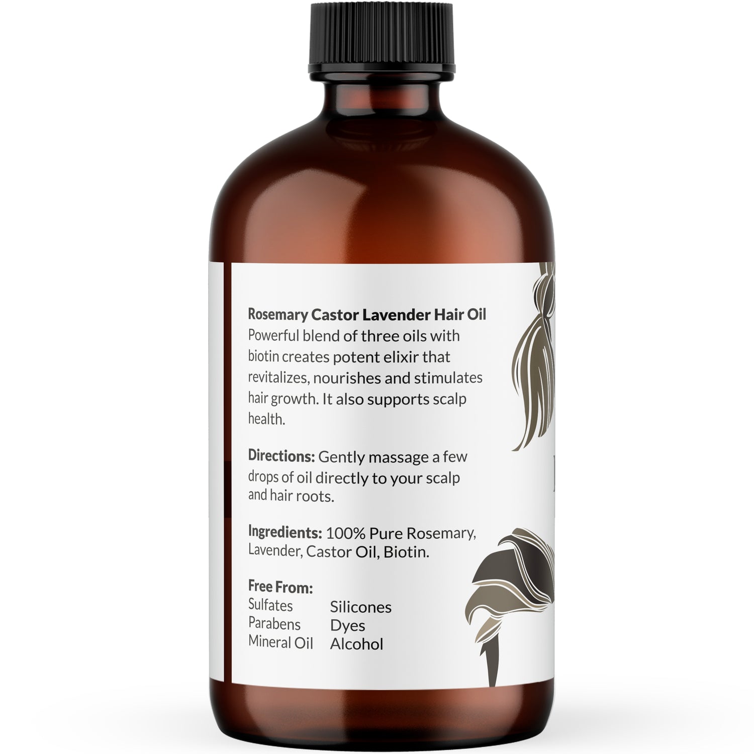 Amber glass bottle of 100% pure Rosemary Castor Lavender Hair oil with white label describing usage directions for hair care..