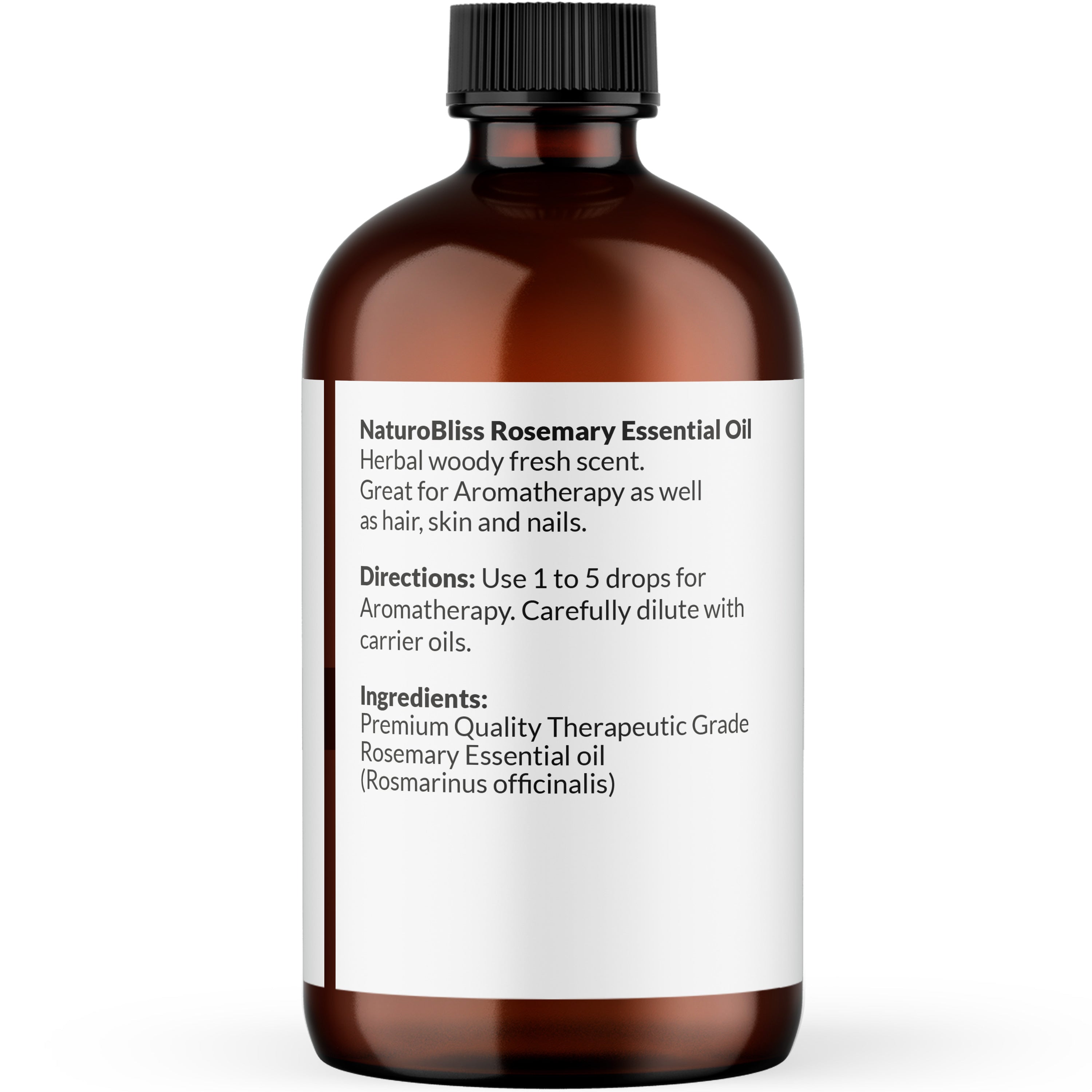 Amber glass bottle of Rosemary essential oil for aromatherapy, featuring a white label with usage directions and ingredient details highlighting its sweet fragrance and blending properties.