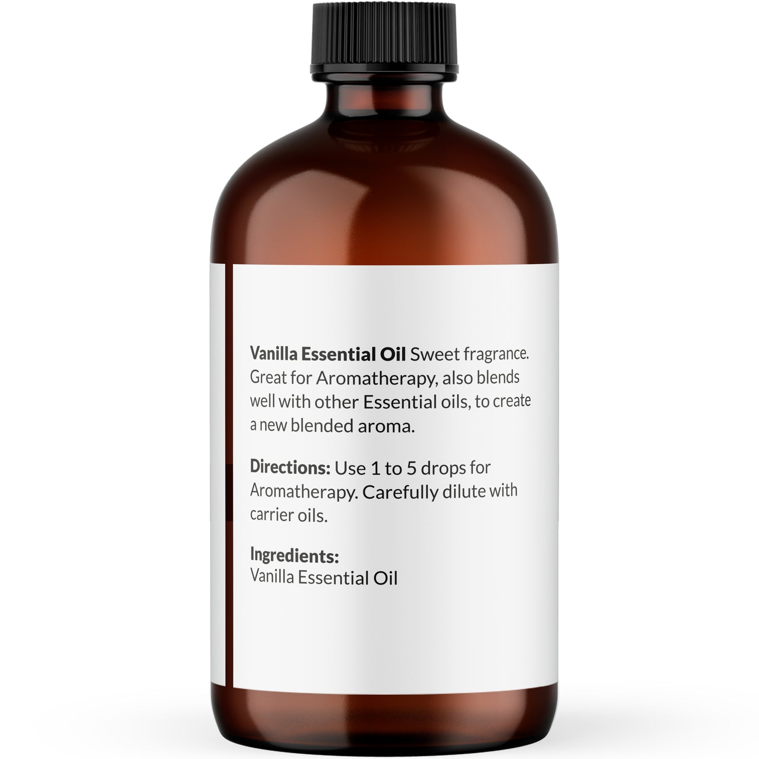 Amber glass bottle of vanilla essential oil for aromatherapy, featuring a white label with usage directions and ingredient details highlighting its sweet fragrance and blending properties.