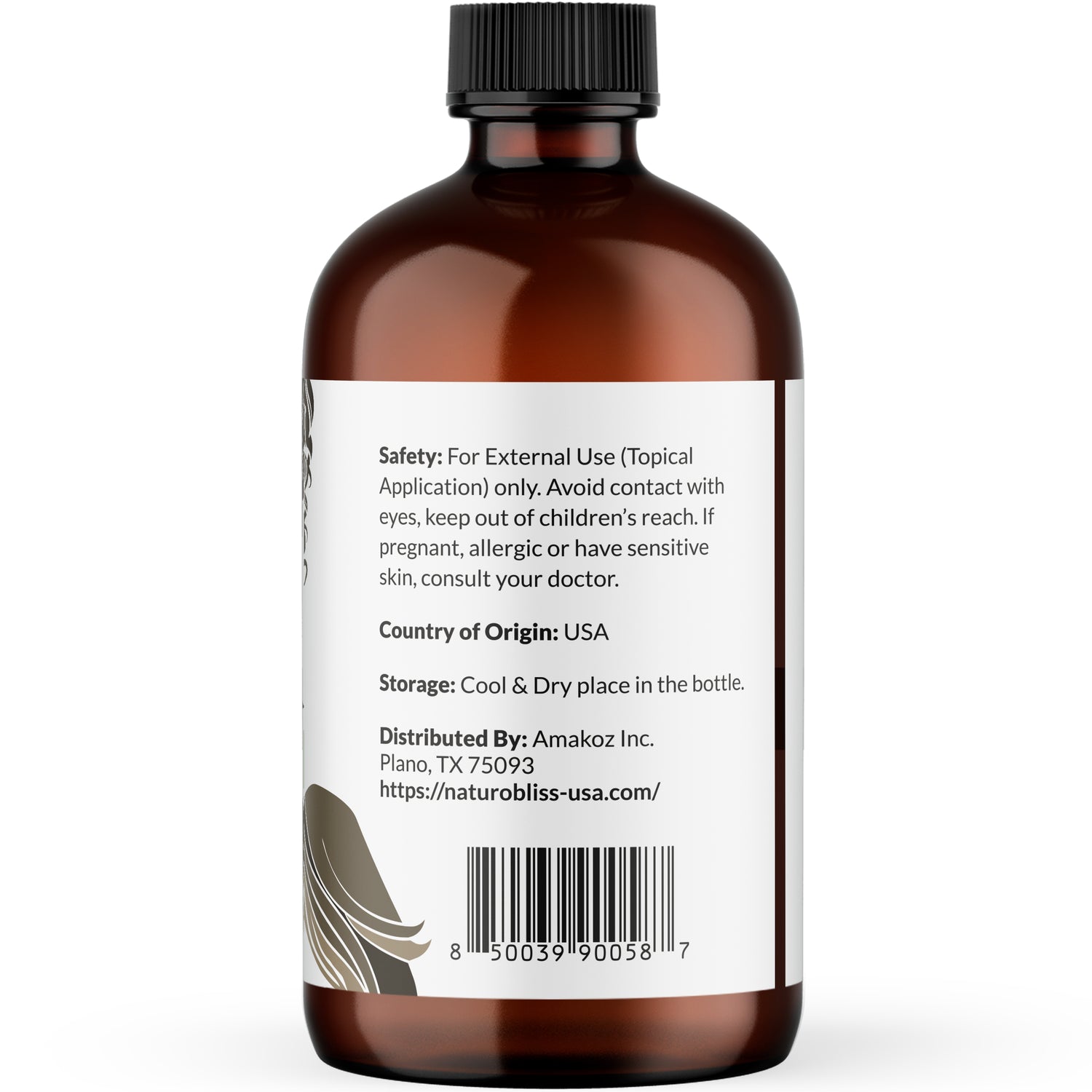 Amber glass bottle of Rosemary Lavender Castor hair oil for hair care, featuring a white label with usage directions and ingredient details.