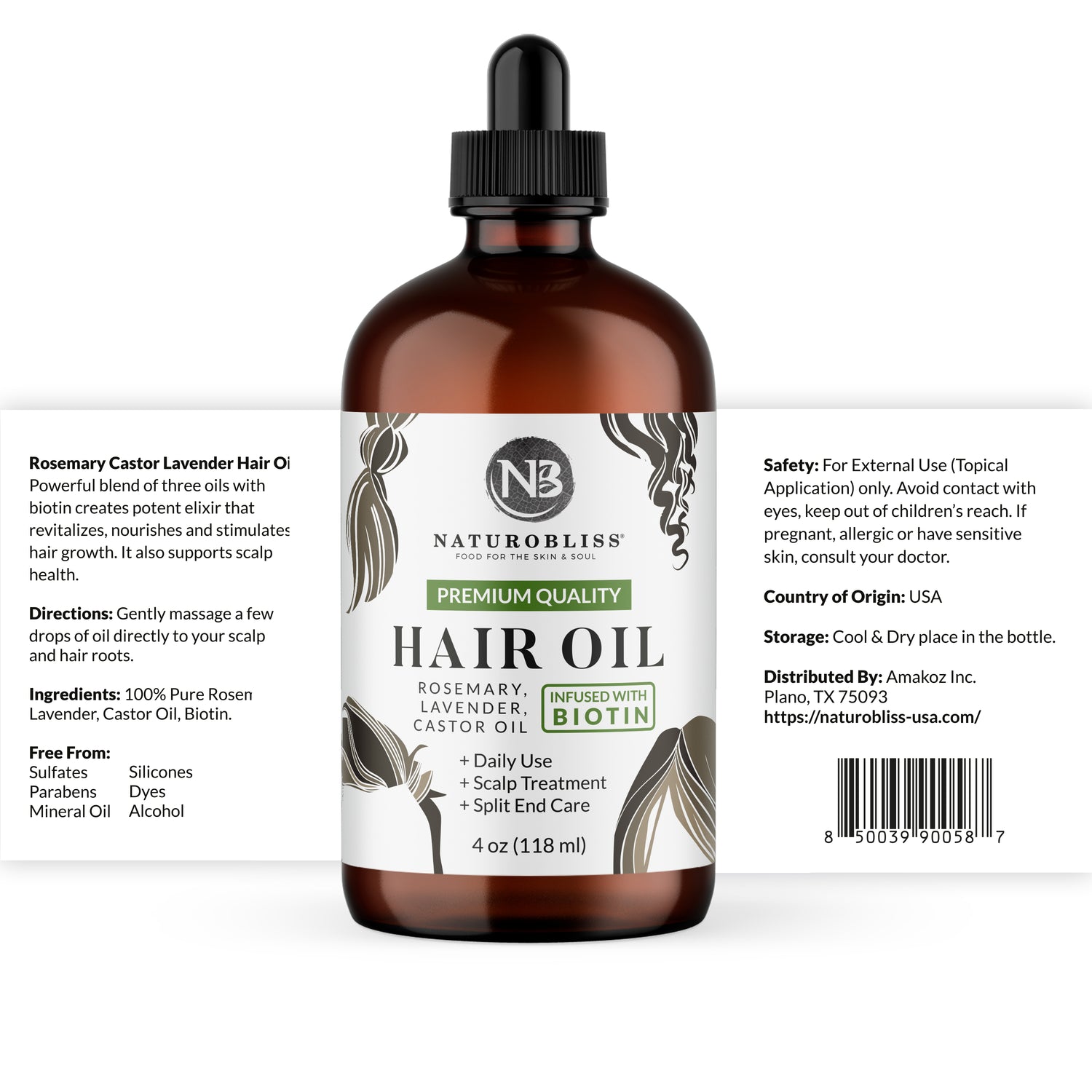 NaturoBliss 100% pure and natural Rosemary Lavender Castor hair oil, 4oz (118 ml) amber glass bottle, ideal for hair care