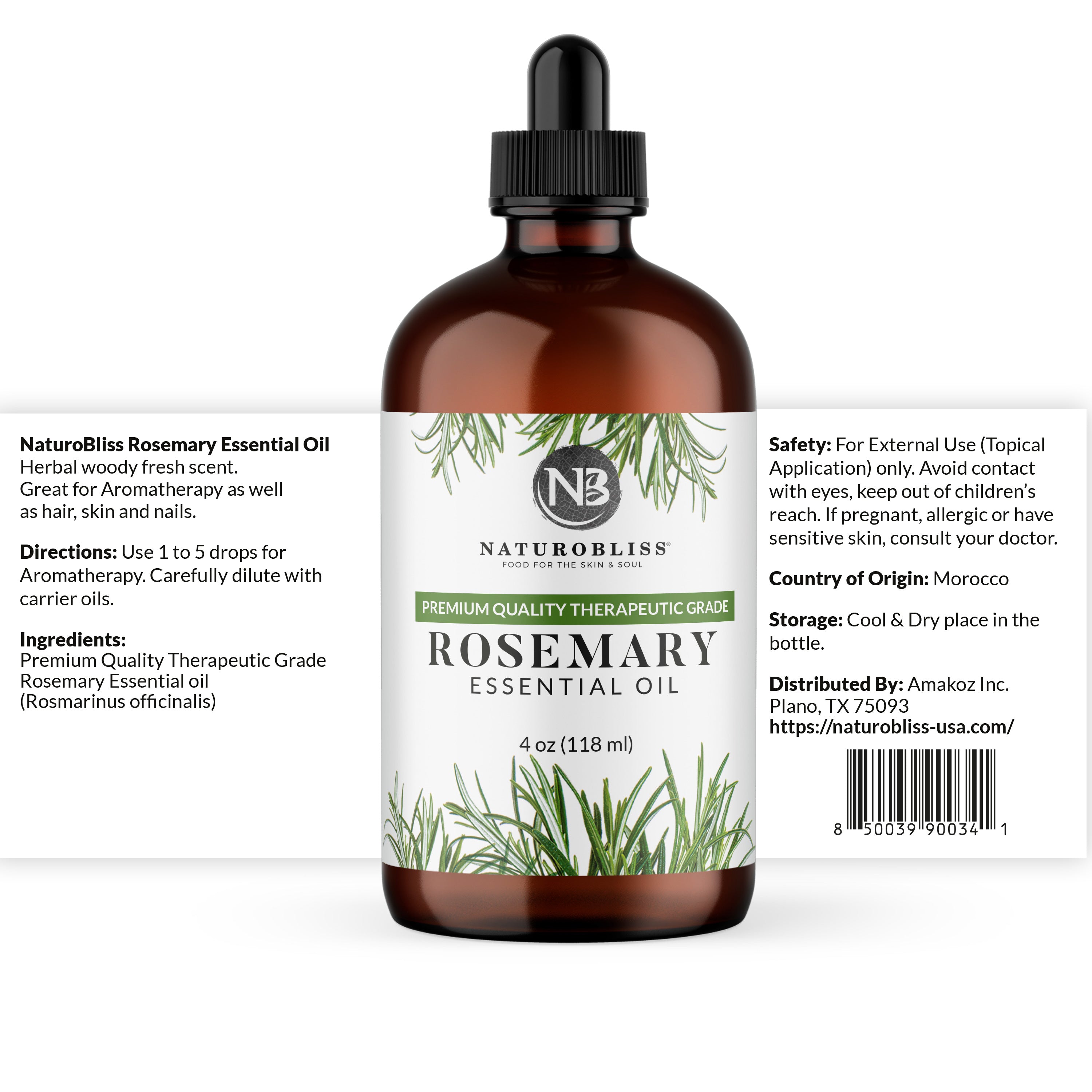 Amber glass bottle of NaturoBliss premium quality Rosemary essential oil for aromatherapy, with label showing ingredients, usage directions, safety information, and barcode.