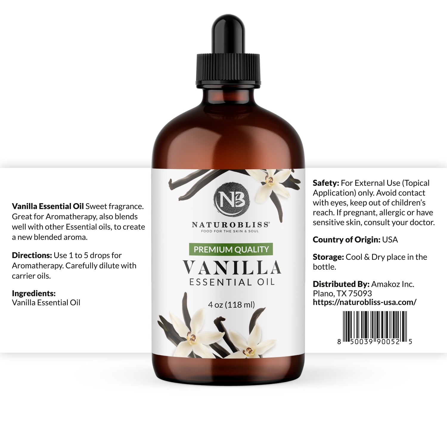 Amber glass bottle of NaturoBliss premium quality vanilla essential oil for aromatherapy, with label showing ingredients, usage directions, safety information, and barcode.