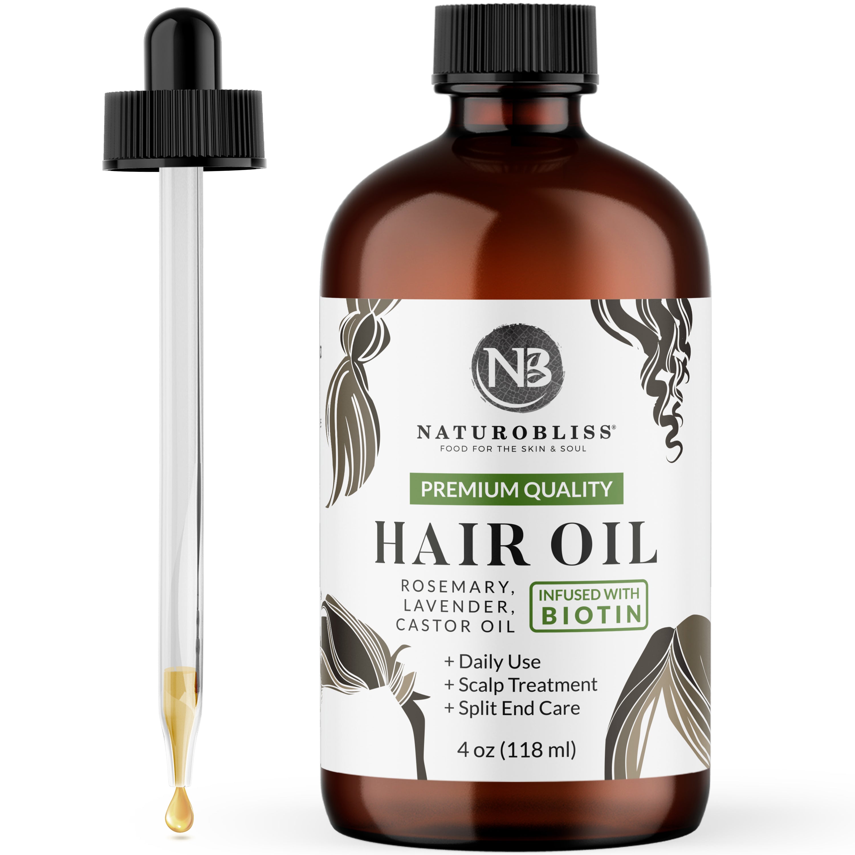 NaturoBliss 100% pure and natural Rosemary Lavender Castor oil, 4oz (118 ml) amber glass bottle with dropper, ideal for hair care