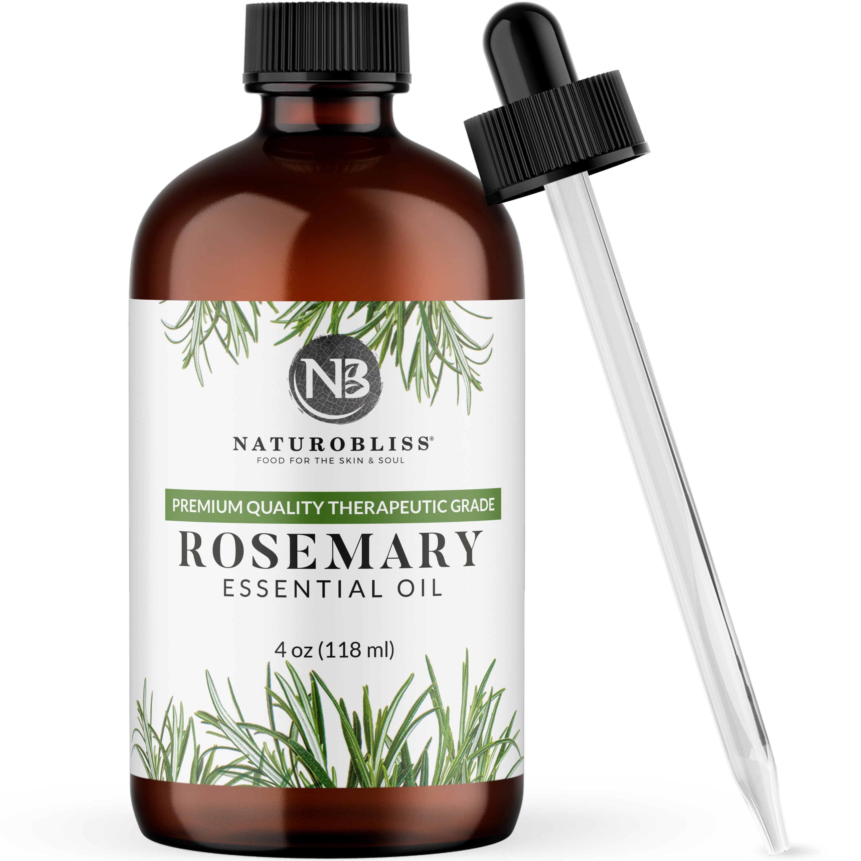 NaturoBliss 100% pure and natural Rosemary essential oil, 4oz (118 ml) amber glass bottle with dropper, ideal for aromatherapy, skincare, and diffuser