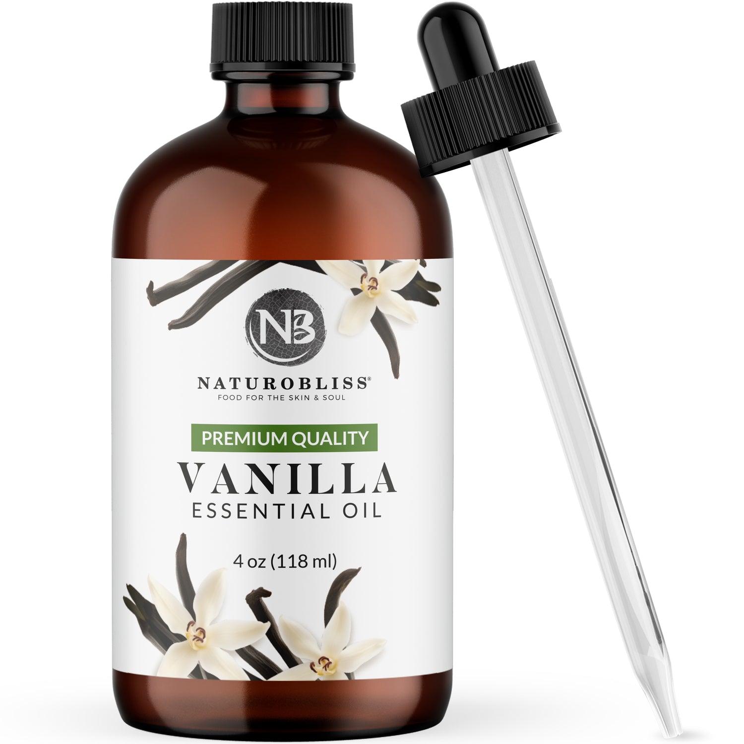 NaturoBliss 100% pure and natural Vanilla essential oil, 4oz (118 ml) amber glass bottle with dropper, ideal for aromatherapy, skincare, and diffuser oil