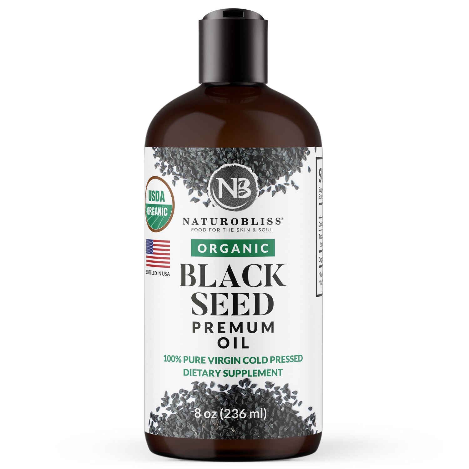 Bottle of NaturoBliss Organic Black Seed Premium Oil, 100% pure virgin cold pressed dietary supplement, labeled USDA Organic and made in the USA, 8 oz (236 ml).