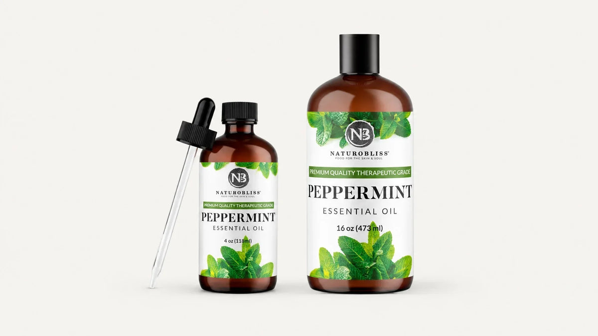 NaturoBliss peppermint essential oil 4oz and 16oz bottles side by side