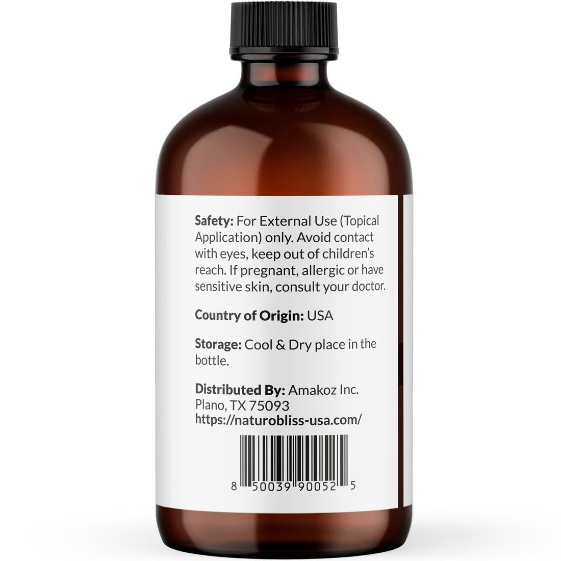 Amber glass bottle of 100% pure basil essential oil with white label describing usage directions for aromatherapy.