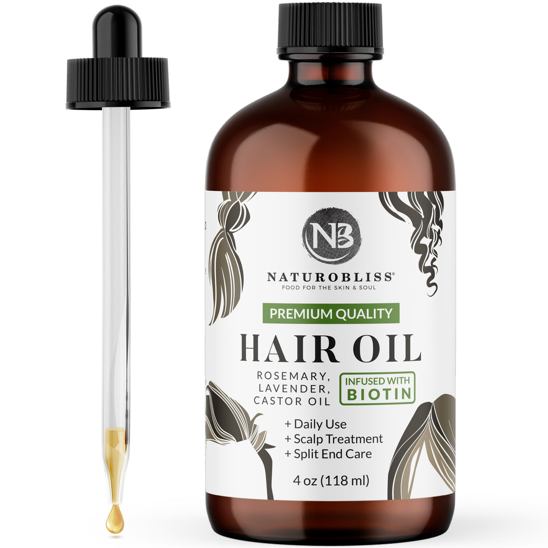 NaturoBliss 100% pure and natural Rosemary Lavender Castor oil, 4oz (118 ml) amber glass bottle with dropper, ideal for hair care