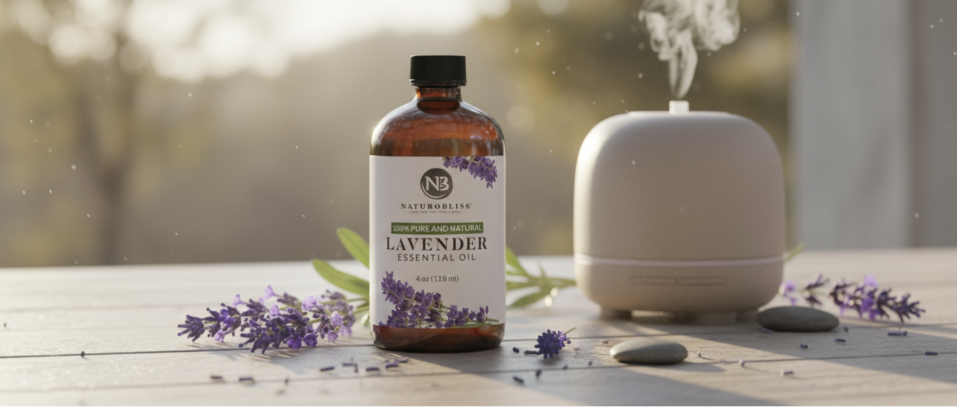 Lavender essential oil bottle and diffuser on a wooden surface with blurred natural background