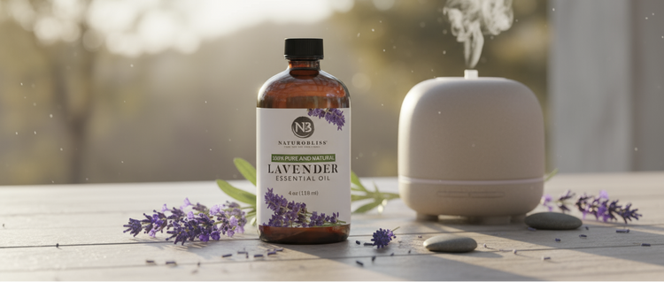 Lavender essential oil bottle and diffuser on a wooden surface with blurred natural background