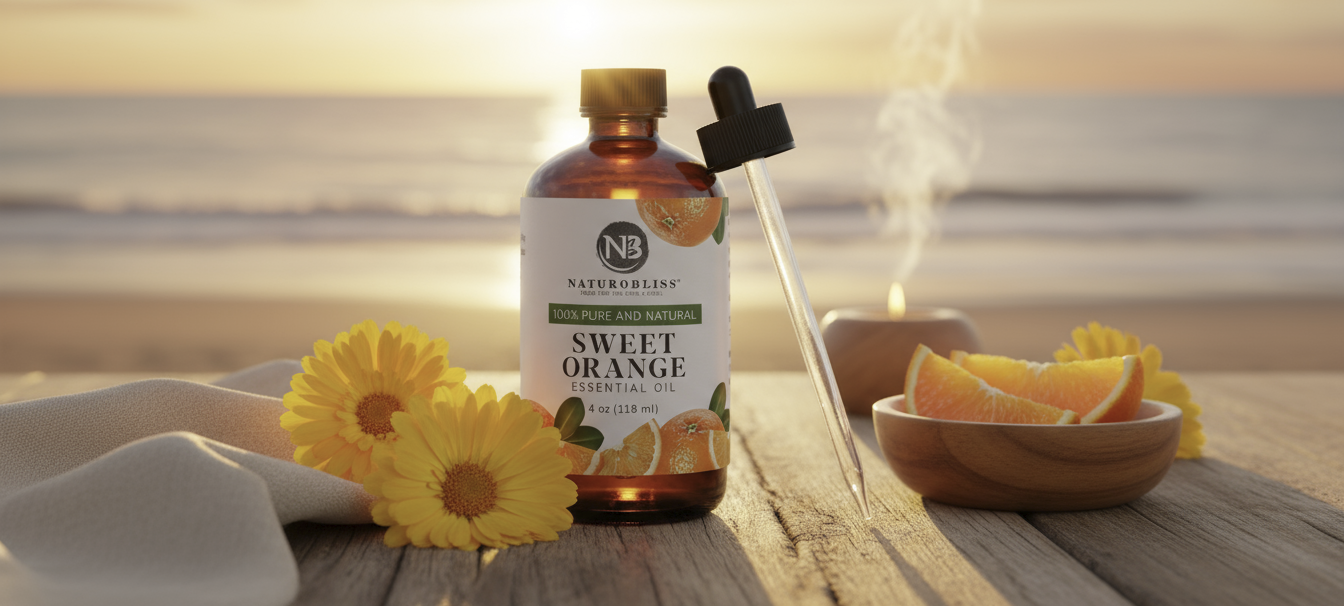 Bottle of sweet orange extract with a dropper on a wooden surface with flowers and oranges, sunset in the background.