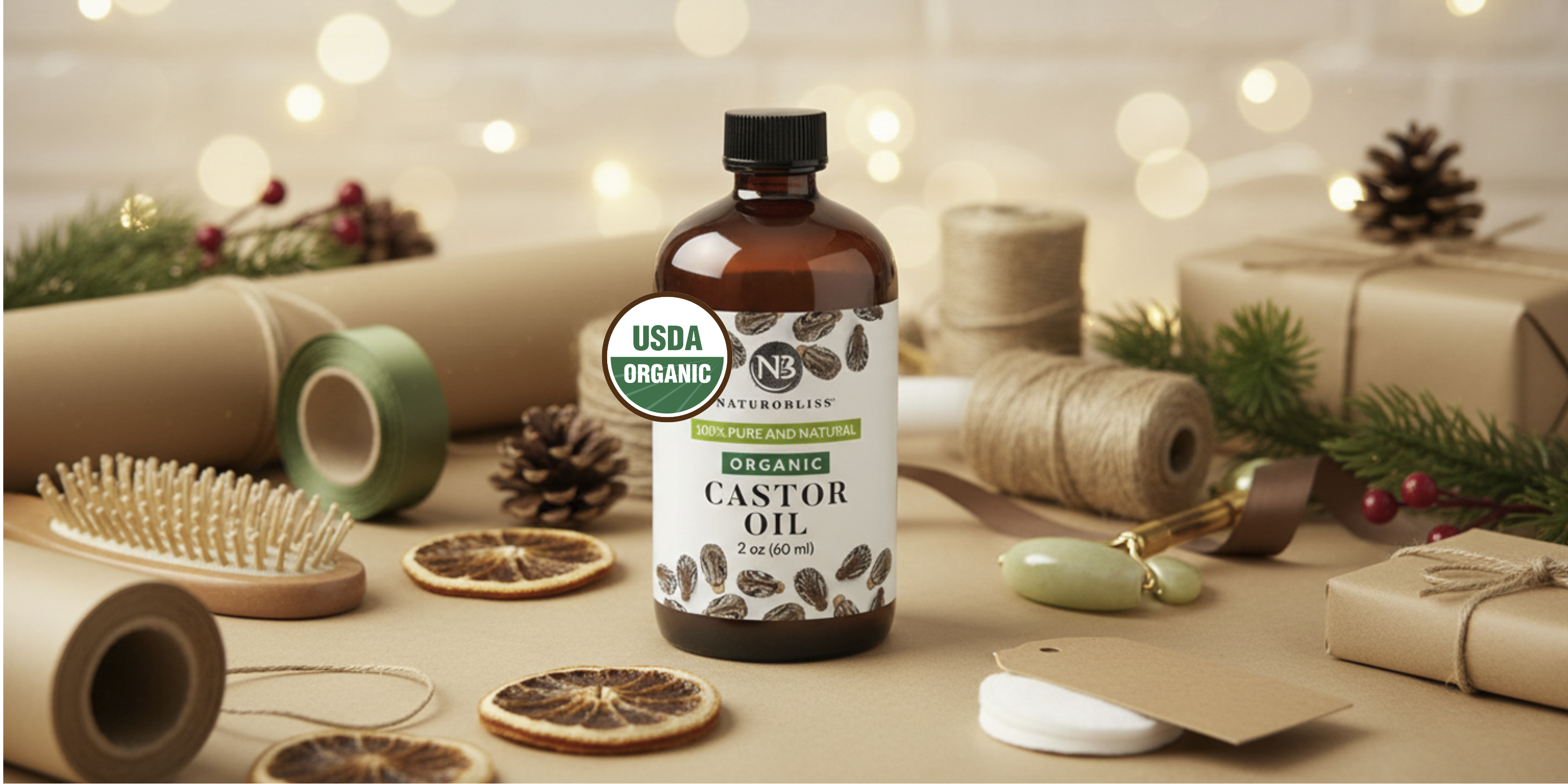 Bottle of organic castor oil on a festive background with lights and gift wraps.